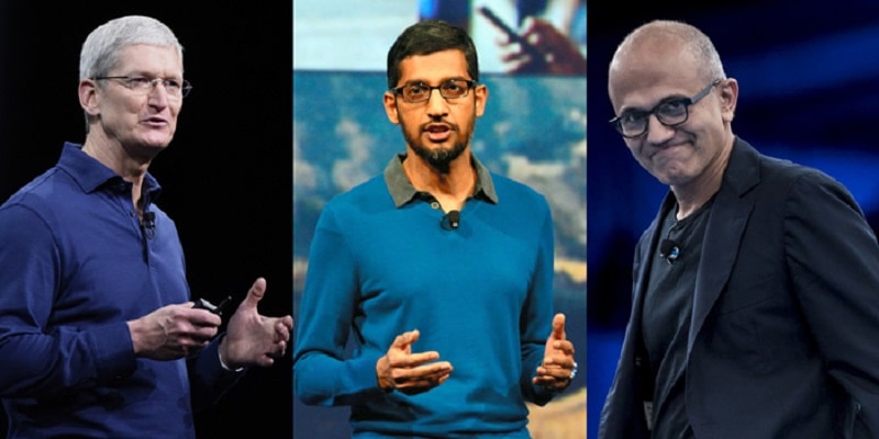 Tim Cook (Apple), Sundar Pichai (Alphabet) y Satya Nadella (Microsoft)